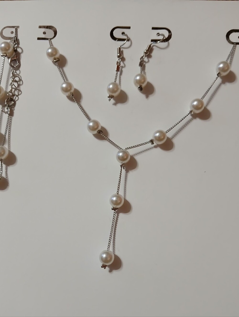 Sterling Silver Pearl Drop Necklace and Earrings Set - White Pearls
